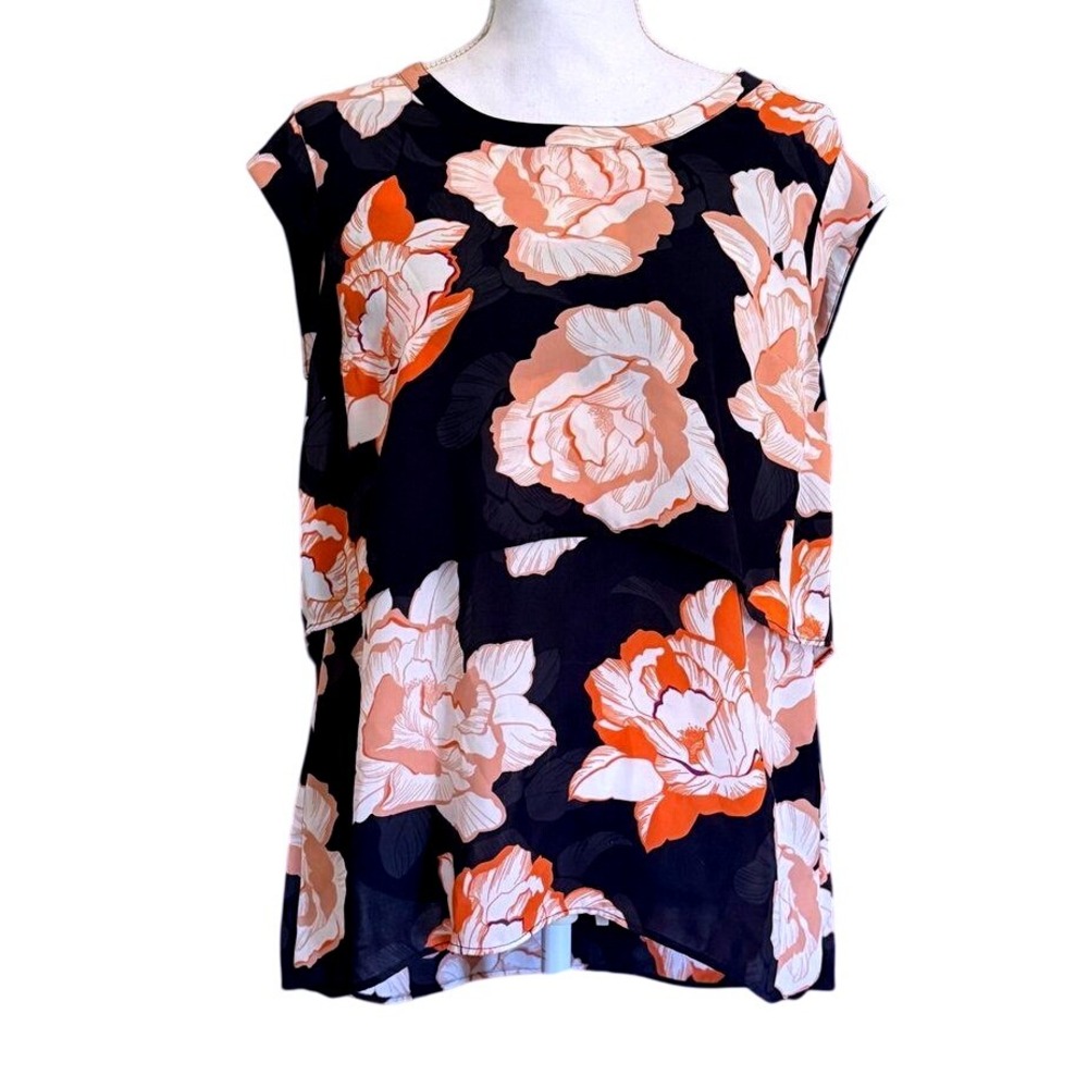 CAbi Top Womens Size M Navy Orange Floral Print Cap Sleeve Tiered Blouse Top